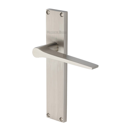 This is an image of a Heritage Brass - Gio Reeded Lever Latch Satin Nickel finish, rr4710-sn that is available to order from Trade Door Handles in Kendal.