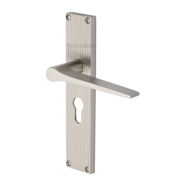 This is an image of a Heritage Brass - Gio Reeded Euro Profile Satin Nickel finish, rr4748-sn that is available to order from Trade Door Handles in Kendal.