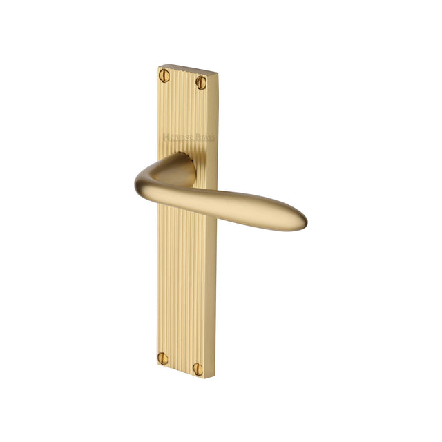 This is an image of a Heritage Brass - Sutton Reeded Lever Latch Satin Brass finish, rr5010-sb that is available to order from Trade Door Handles in Kendal.