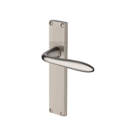 This is an image of a Heritage Brass - Sutton Reeded Lever Latch Satin Nickel finish, rr5010-sn that is available to order from Trade Door Handles in Kendal.