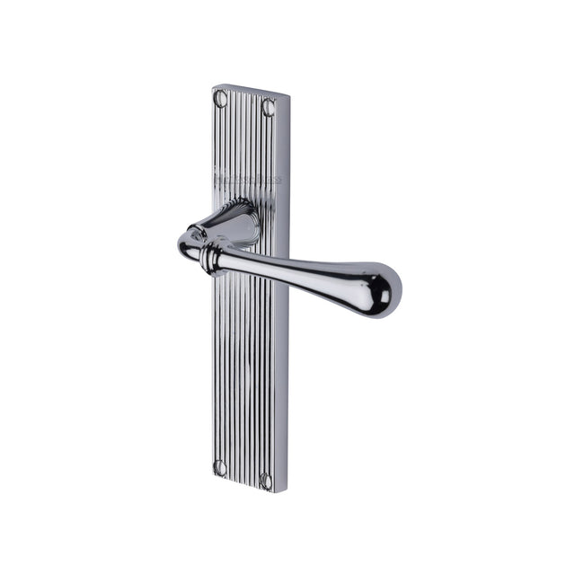 This is an image of a Heritage Brass - Roma Reeded Lever Latch Polished Chrome finish, rr6010-pc that is available to order from Trade Door Handles in Kendal.