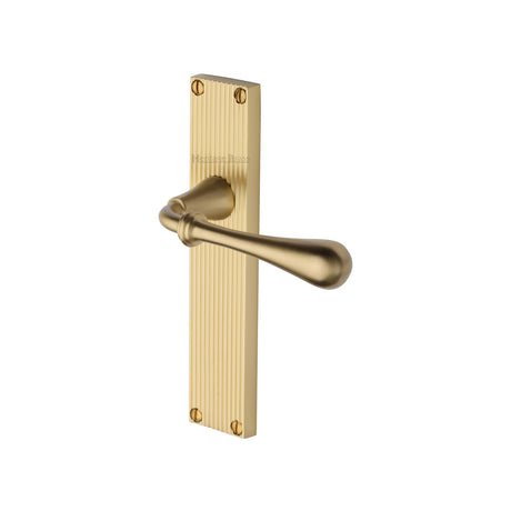 This is an image of a Heritage Brass - Roma Reeded Lever Latch Satin Brass finish, rr6010-sb that is available to order from Trade Door Handles in Kendal.