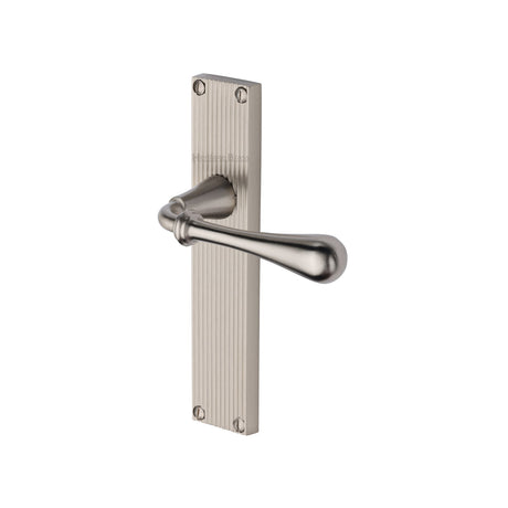 This is an image of a Heritage Brass - Roma Reeded Lever Latch Satin Nickel finish, rr6010-sn that is available to order from Trade Door Handles in Kendal.