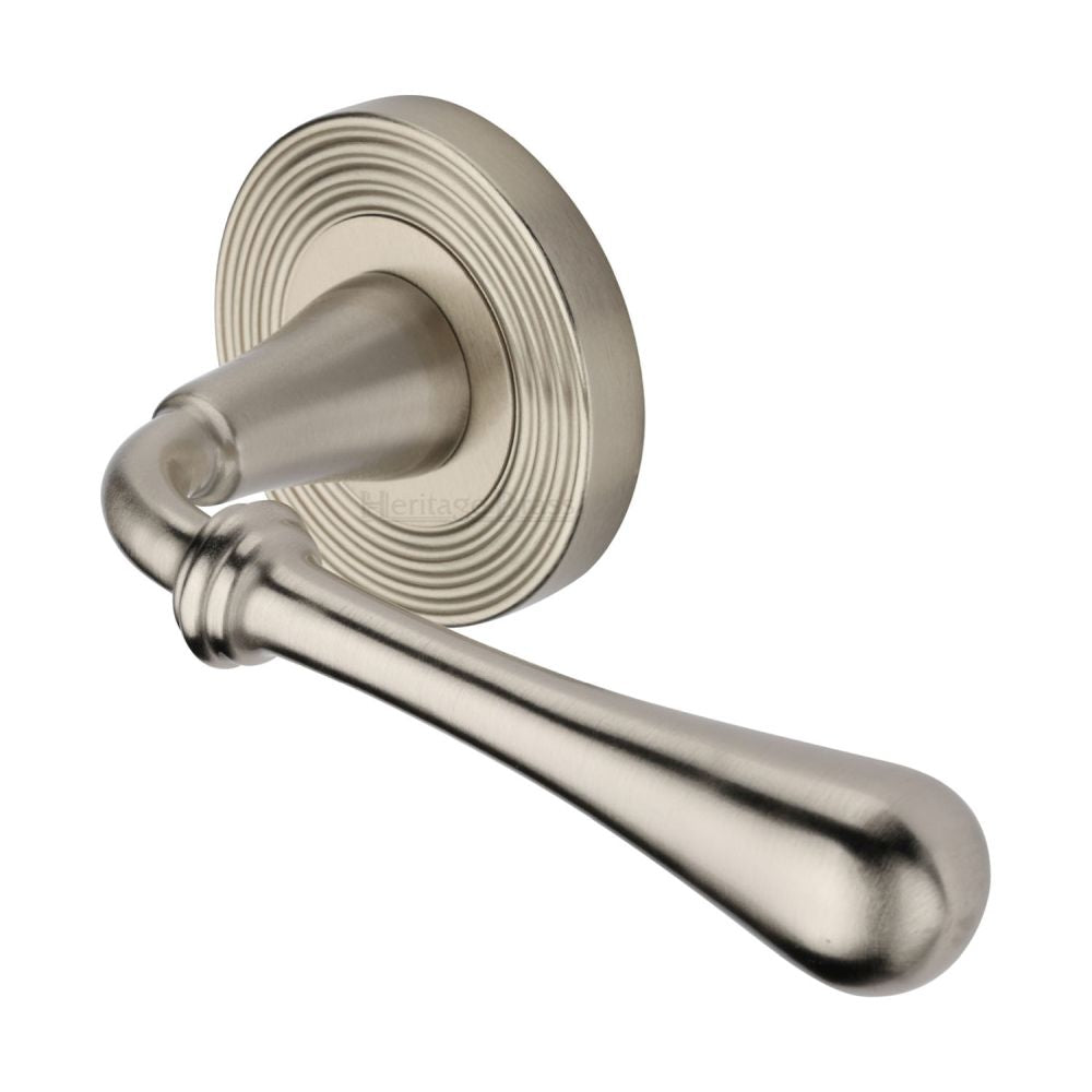 This is an image of a Heritage Brass - Door Handle Lever Latch on Round Rose Roma Reeded Design Satin N, rr7156-sn that is available to order from Trade Door Handles in Kendal.