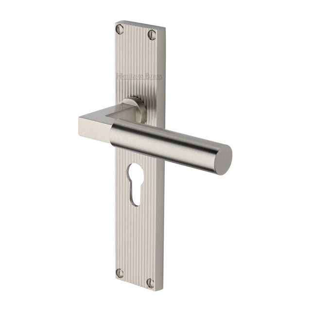 This is an image of a Heritage Brass - Bauhaus Reeded Euro Profile Satin Nickel finish, rr7348-sn that is available to order from Trade Door Handles in Kendal.