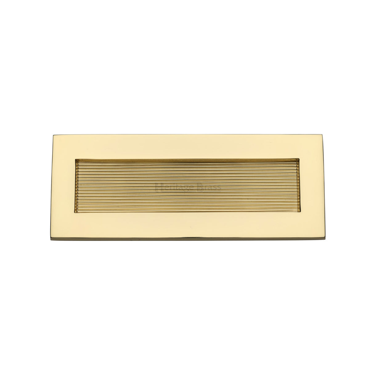 This is an image of a Heritage Brass - Reeded Letterplate 10" x 4" Polished Brass finish, rr852-254-101-pb that is available to order from Trade Door Handles in Kendal.