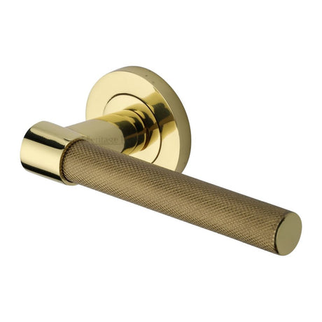 This is an image of a Heritage Brass - Door Handle Lever on Rose Phoenix Knurled Design Polished Brass Fin, rs2018-pb that is available to order from Trade Door Handles in Kendal.