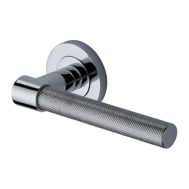 This is an image of a Heritage Brass - Door Handle Lever on Rose Phoenix Knurled Design Polished Chrome Fi, rs2018-pc that is available to order from Trade Door Handles in Kendal.