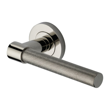 This is an image of a Heritage Brass - Door Handle Lever on Rose Phoenix Knurled Design Polished Nickel Fi, rs2018-pnf that is available to order from Trade Door Handles in Kendal.