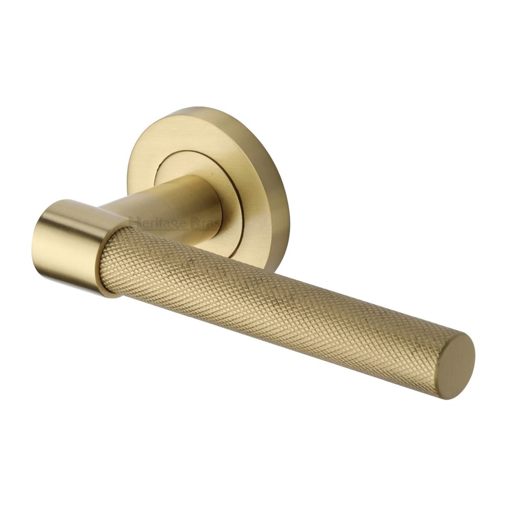 This is an image of a Heritage Brass - Door Handle Lever on Rose Phoenix Knurled Design Satin Brass Fin, rs2018-sb that is available to order from Trade Door Handles in Kendal.