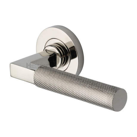This is an image of a Heritage Brass - Door Handle Lever on Rose Signac (Knurled Bauhaus) Design Polished, rs2260-pnf that is available to order from Trade Door Handles in Kendal.