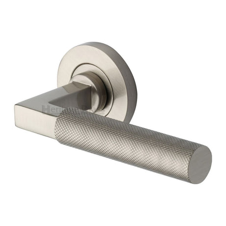 This is an image of a Heritage Brass - Door Handle Lever on Rose Signac (Knurled Bauhaus) Design Satin, rs2260-sn that is available to order from Trade Door Handles in Kendal.