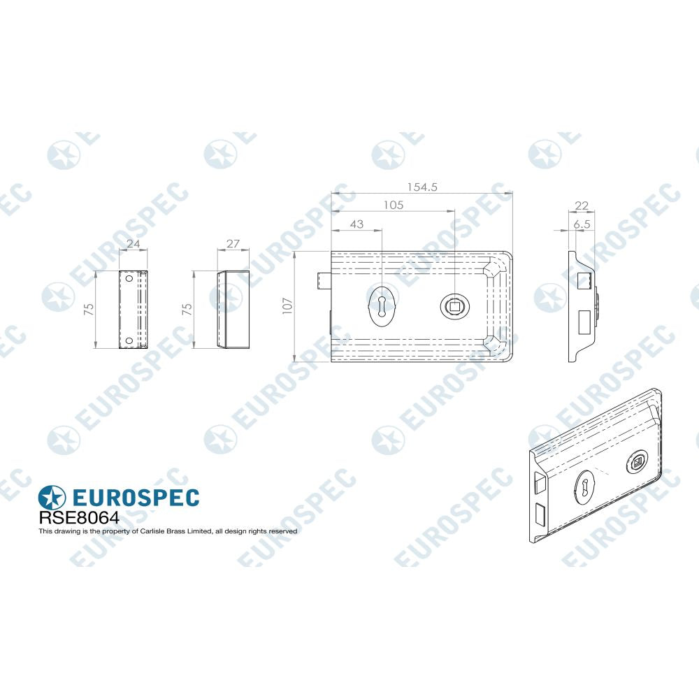 This image is a line drwaing of a Eurospec - Traditional Rim Deadlock - Satin Chrome available to order from Trade Door Handles in Kendal