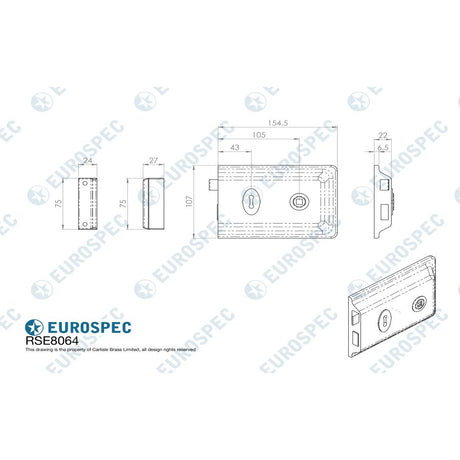 This image is a line drwaing of a Eurospec - Traditional Rim Deadlock - Satin Chrome available to order from Trade Door Handles in Kendal