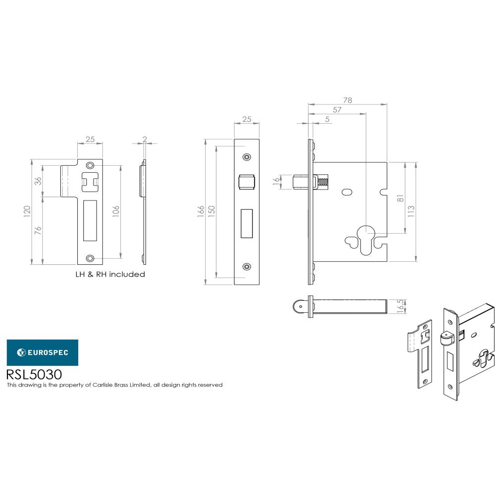 This image is a line drwaing of a Eurospec - Easi-T Roller Bolt Euro Profile Deadlock - Satin Stainless Steel available to order from Trade Door Handles in Kendal