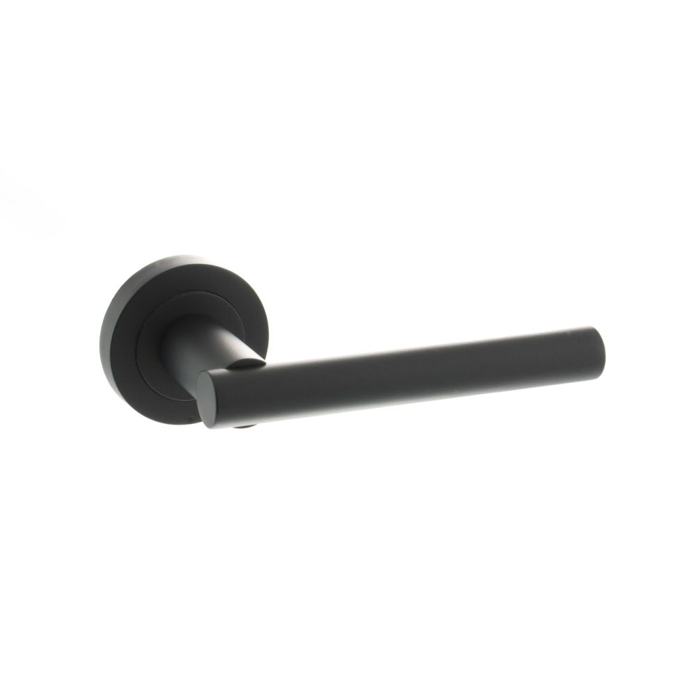 High quality image of STATUS Nebraska Lever on Round Rose - Matt Black | Sku. s28rmb | available to order from Trade Door Handles in Kendal.
