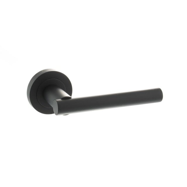 High quality image of STATUS Nebraska Lever on Round Rose - Matt Black | Sku. s28rmb | available to order from Trade Door Handles in Kendal.