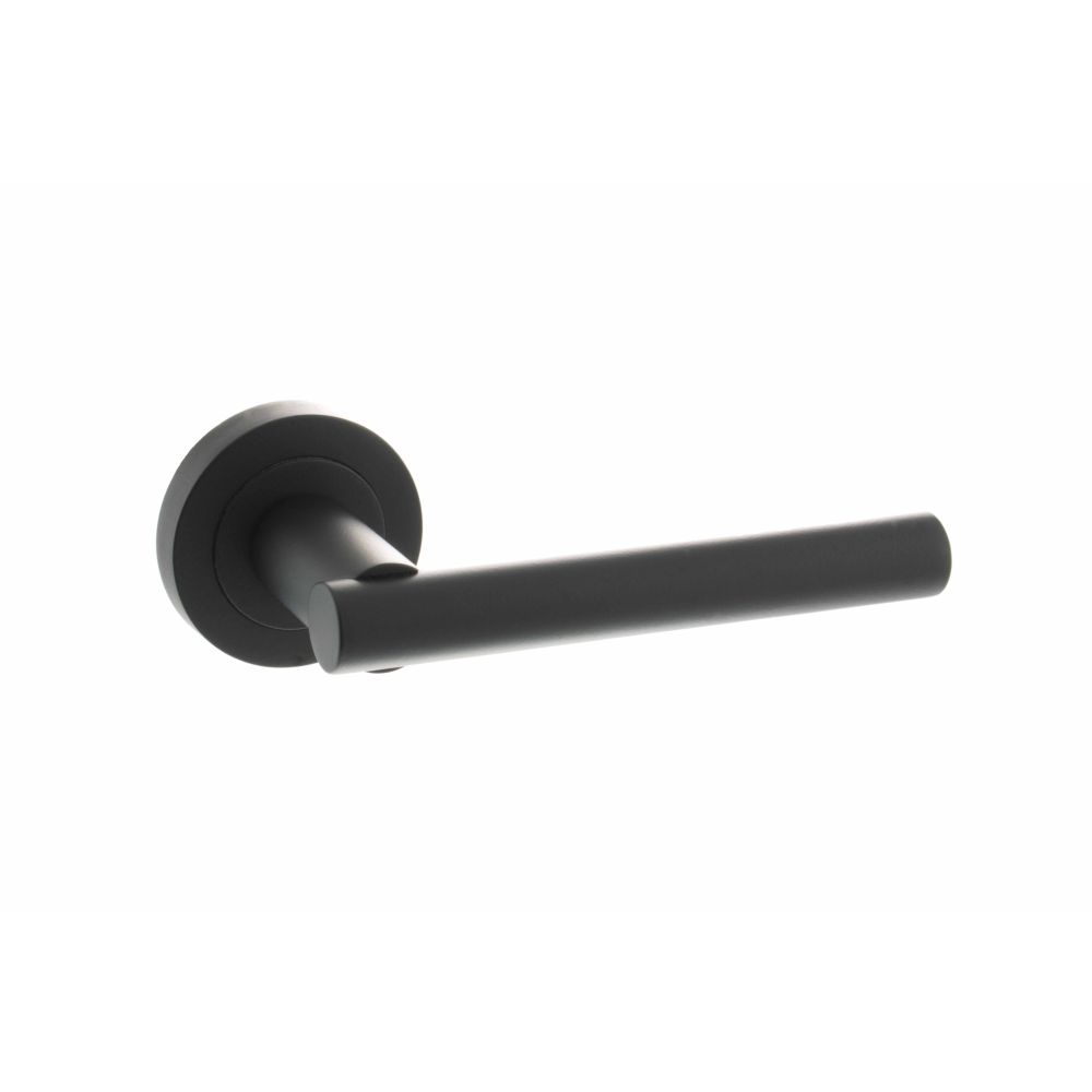 High quality image of STATUS Nebraska Lever on Round Rose - Matt Black | Sku. s28rmb available to order from Trade Door Handles in Kendal.