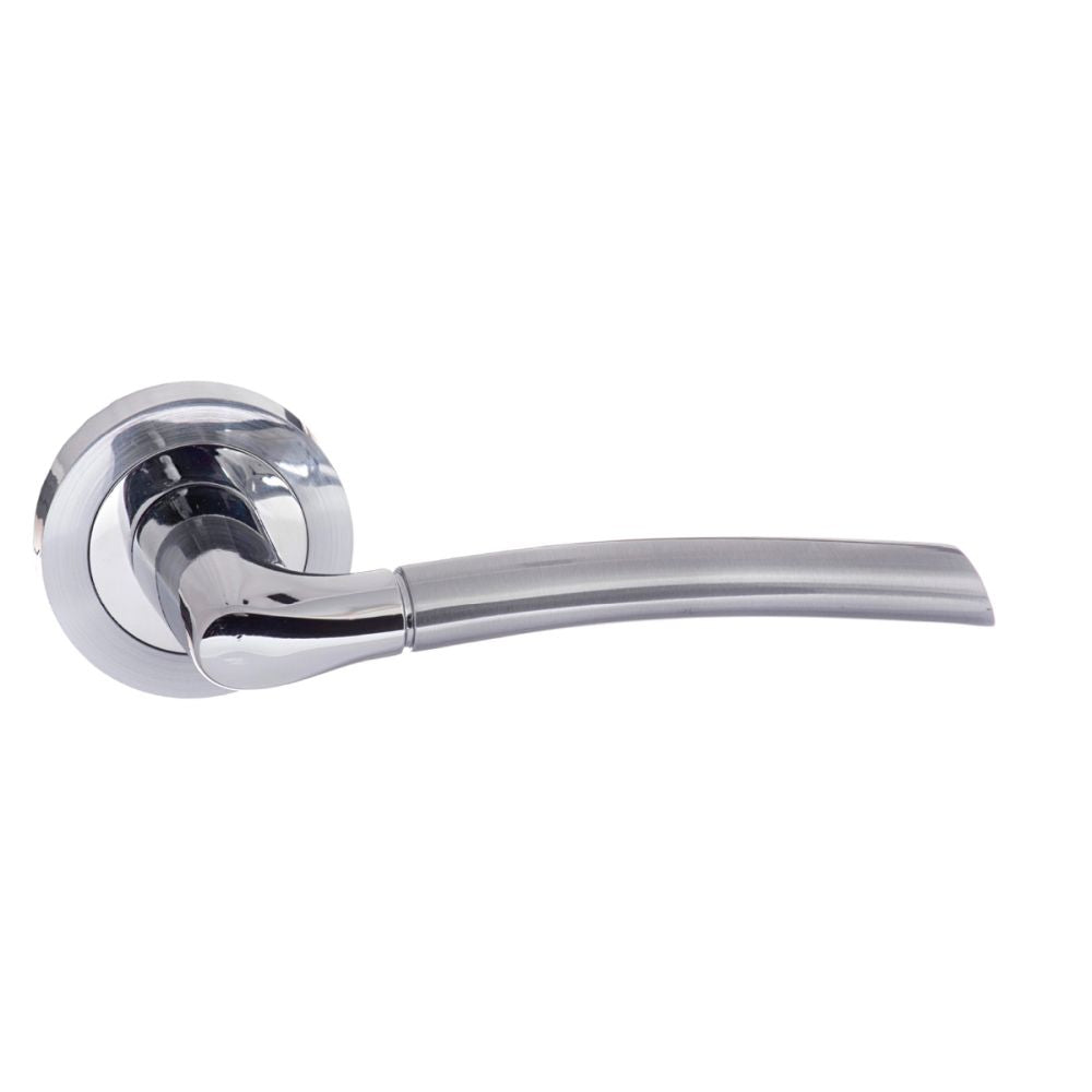 High quality image of STATUS Indiana Lever on Round Rose - Satin Chrome/Polished Chrome | Sku. s33rscpc | available to order from Trade Door Handles in Kendal.