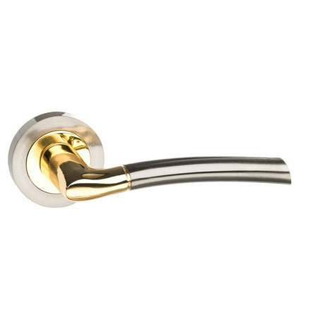 High quality image of STATUS Indiana Lever on Round Rose - Satin Nickel/Polished Brass | Sku. s33rsnbp | available to order from Trade Door Handles in Kendal.