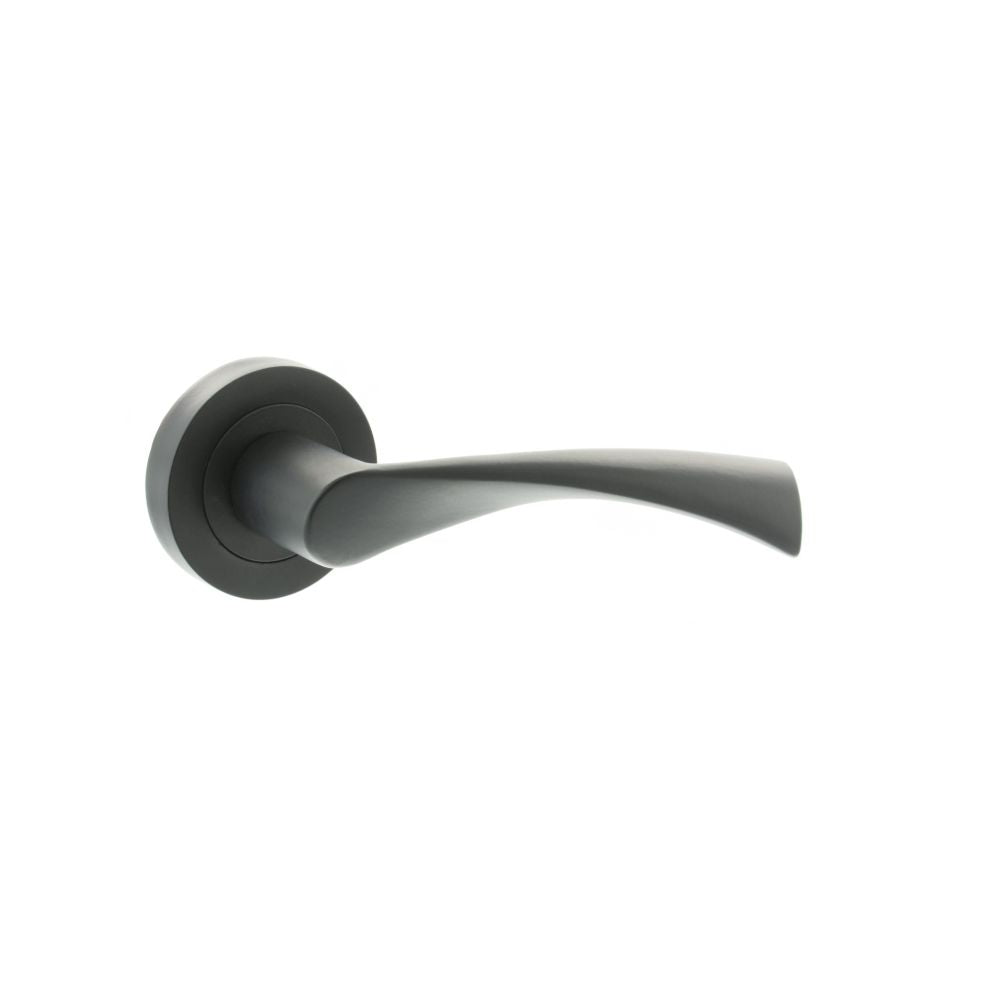 High quality image of STATUS Colorado Lever on Round Rose - Matt Black | Sku. s34rmb | available to order from Trade Door Handles in Kendal.