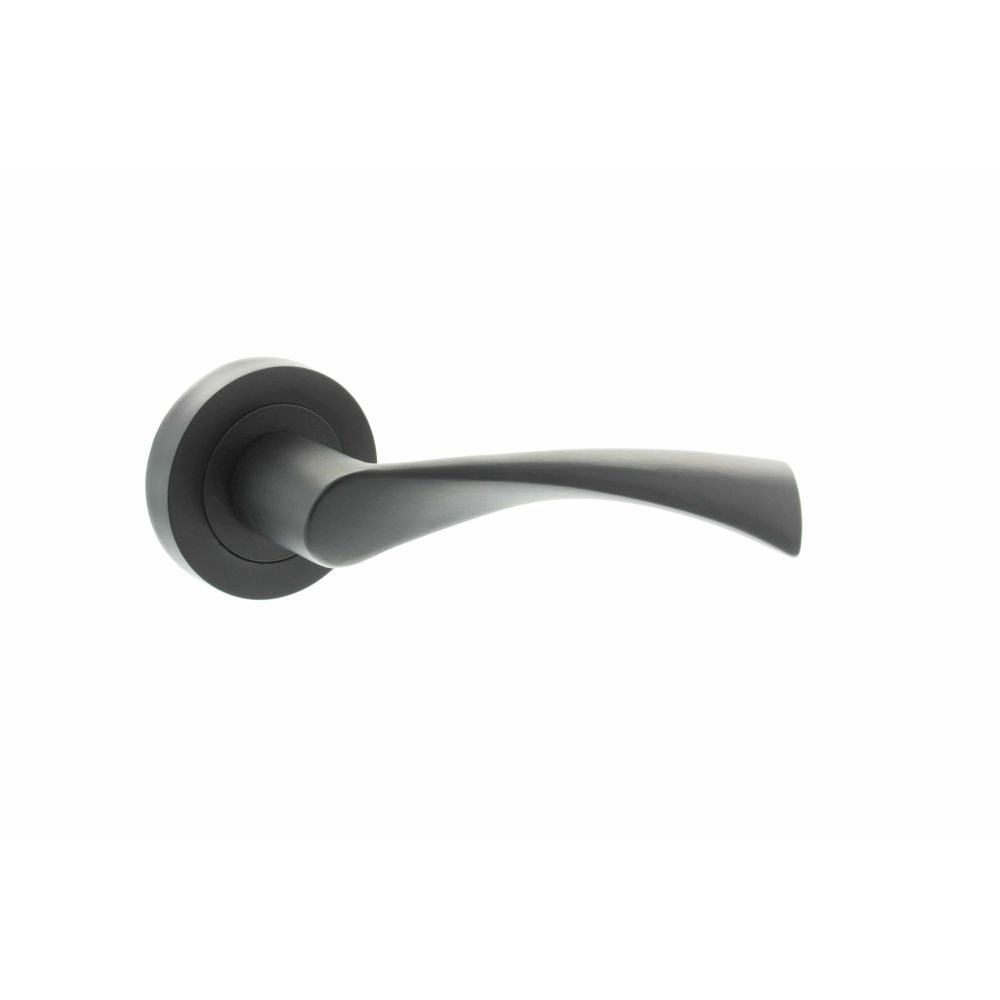 High quality image of STATUS Colorado Lever on Round Rose - Matt Black | Sku. s34rmb available to order from Trade Door Handles in Kendal.