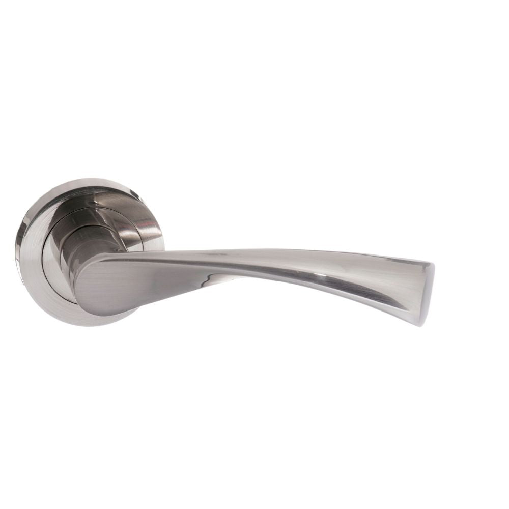 High quality image of STATUS Colorado Lever on Round Rose - Satin Nickel | Sku. s34rsn | available to order from Trade Door Handles in Kendal.