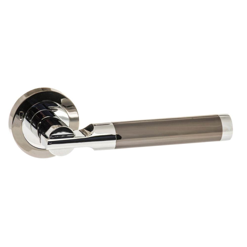 High quality image of STATUS Dakota Lever on Round Rose - Black Nickel/Polished Chrome | Sku. s36rbnpc | available to order from Trade Door Handles in Kendal.