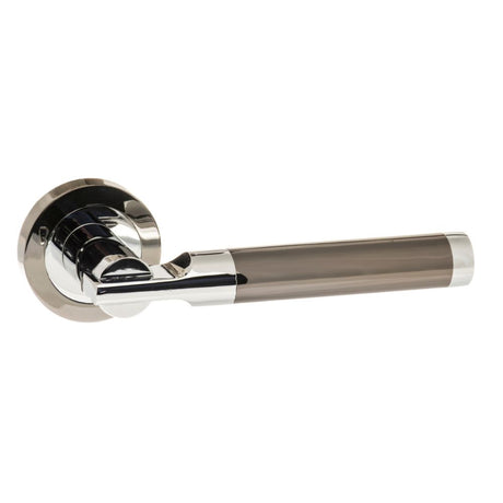 High quality image of STATUS Dakota Lever on Round Rose - Black Nickel/Polished Chrome | Sku. s36rbnpc | available to order from Trade Door Handles in Kendal.