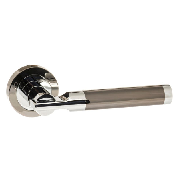 High quality image of STATUS Dakota Lever on Round Rose - Black Nickel/Polished Chrome | Sku. s36rbnpc | available to order from Trade Door Handles in Kendal.