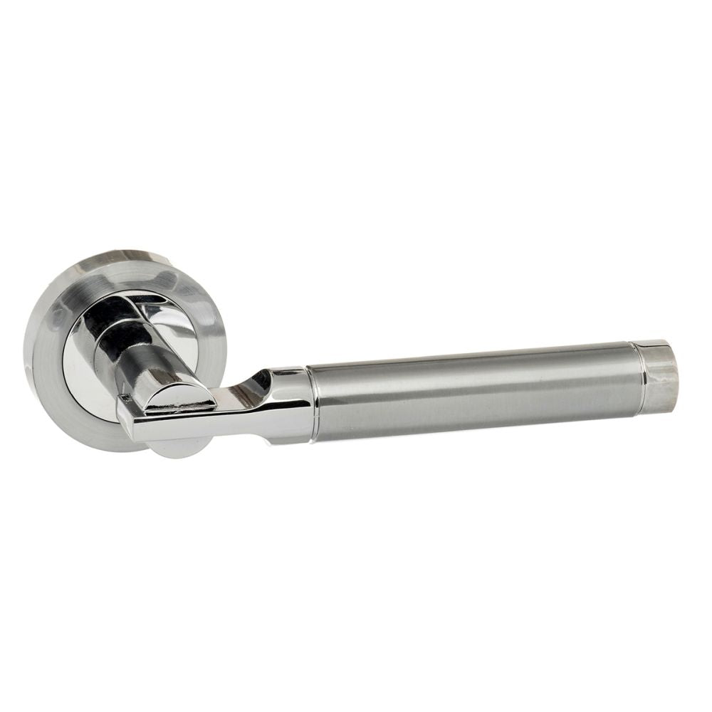 High quality image of STATUS Dakota Lever on Round Rose - Satin Chrome/Polished Chrome | Sku. s36rscpc | available to order from Trade Door Handles in Kendal.