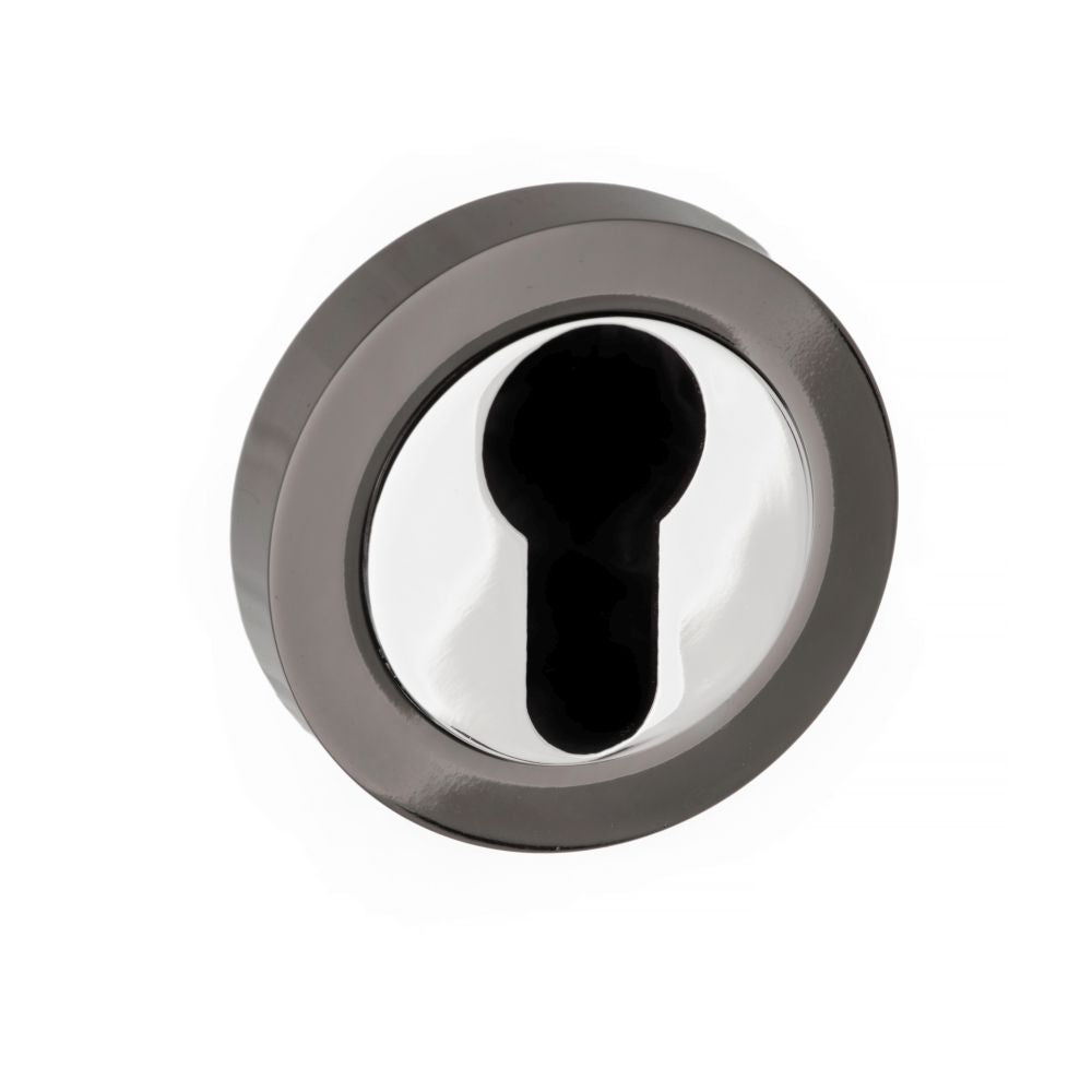 This is an image of STATUS Euro Escutcheon on Round Rose - Black Nickel/Polished Chrome available to order from Trade Door Handles.