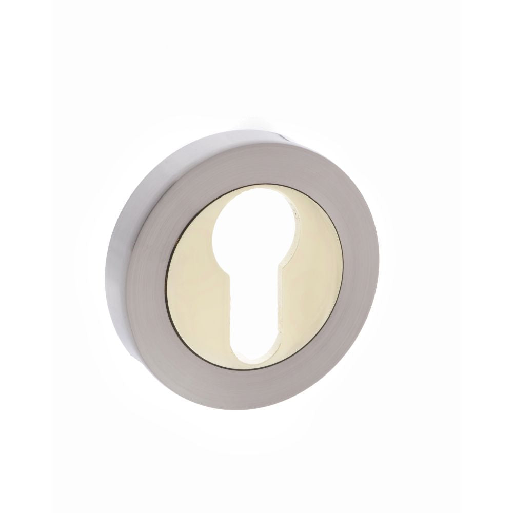 This is an image of STATUS Euro Escutcheon on Round Rose - Satin Nickel/Polished Brass available to order from Trade Door Handles.