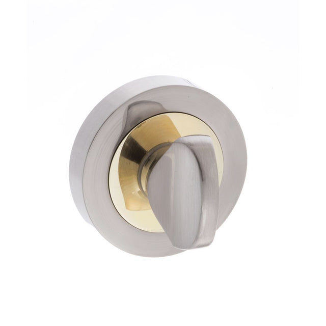 This is an image of STATUS WC Turn and Release on Round Rose - Satin Nickel/Polished Brass available to order from Trade Door Handles.