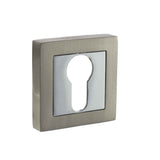 This is an image of STATUS Euro Escutcheon on S4 Square Rose - Satin Nickel/Polished Chrome available to order from Trade Door Handles.