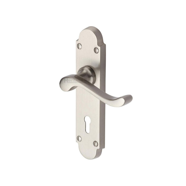 This is an image of a Heritage Brass - Door Handle Lever Lock Savoy Design Satin Nickel Finish, s600-sn that is available to order from Trade Door Handles in Kendal.