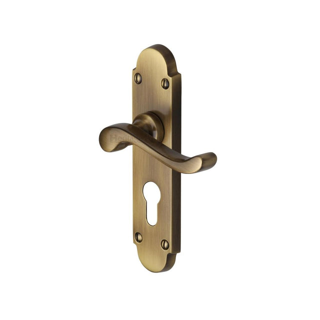 This is an image of a Heritage Brass - Door Handle for Euro Profile Plate Savoy Design Antique Brass Fini, s607-48-at that is available to order from Trade Door Handles in Kendal.