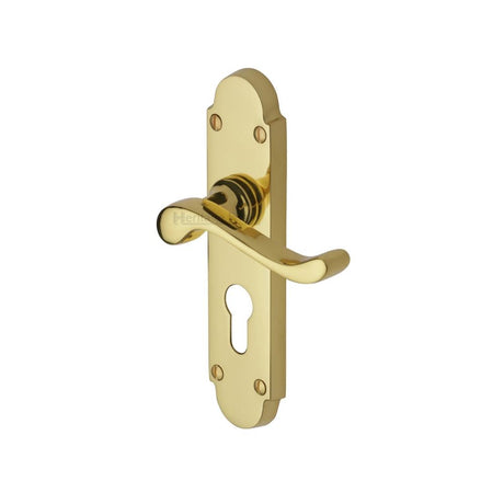 This is an image of a Heritage Brass - Door Handle for Euro Profile Plate Savoy Design Polished Brass Fini, s607-48-pb that is available to order from Trade Door Handles in Kendal.