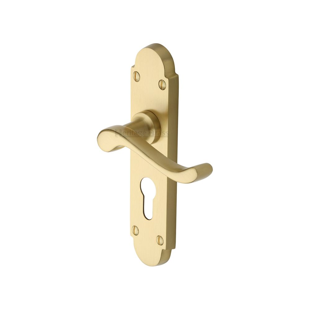 This is an image of a Heritage Brass - Door Handle for Euro Profile Plate Savoy Design Satin Brass Fini, s607-48-sb that is available to order from Trade Door Handles in Kendal.