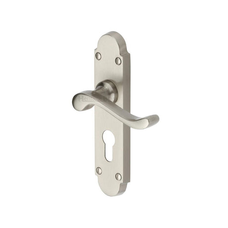 This is an image of a Heritage Brass - Door Handle for Euro Profile Plate Savoy Design Satin Nickel Fin, s607-48-sn that is available to order from Trade Door Handles in Kendal.