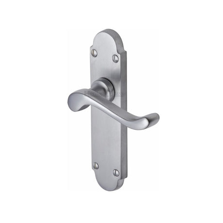 This is an image of a Heritage Brass - Door Handle Lever Latch Savoy Design Satin Chrome Finish, s610-sc that is available to order from Trade Door Handles in Kendal.