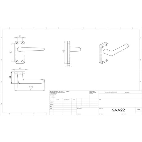 This image is a line drwaing of a Eurospec - Aluminium Lever on Latch Backplate - Satin Anodised Aluminium available to order from Trade Door Handles in Kendal