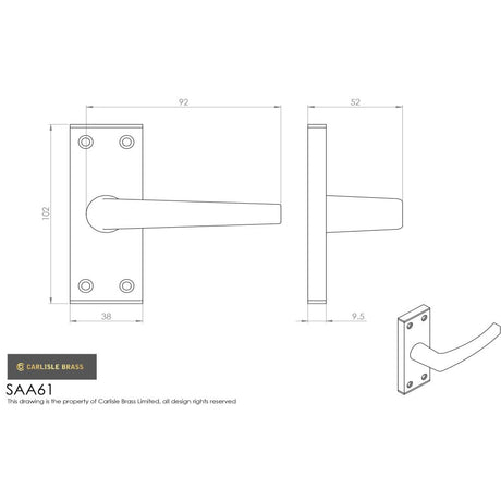 This image is a line drwaing of a Eurospec - Aluminium MIAL Lever on Latch backplate - Satin Anodised Aluminium available to order from Trade Door Handles in Kendal