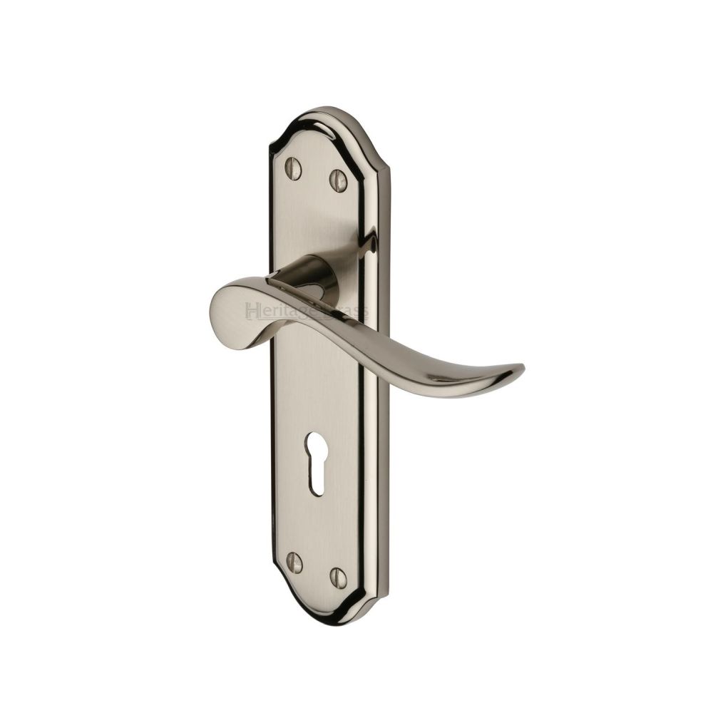 This is an image of a Heritage Brass - Door Handle Lever Lock Sandown Design Mercury Finish, san1400-mc that is available to order from Trade Door Handles in Kendal.