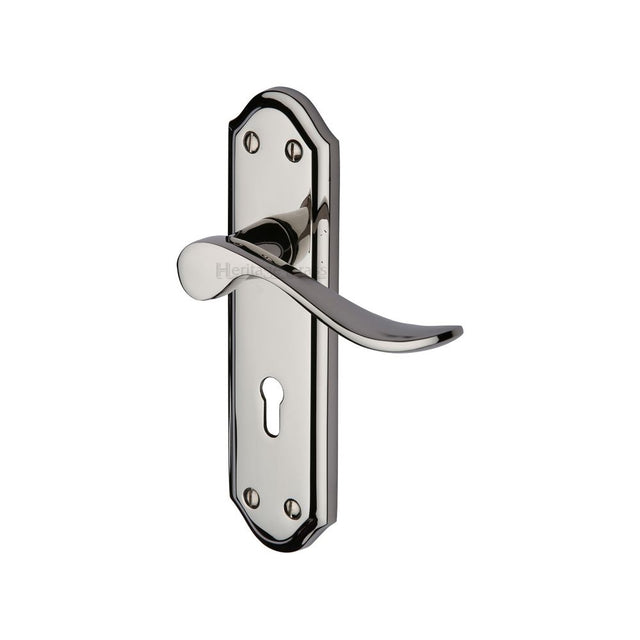 This is an image of a Heritage Brass - Door Handle Lever Lock Sandown Design Polished Nickel Finish, san1400-pnf that is available to order from Trade Door Handles in Kendal.