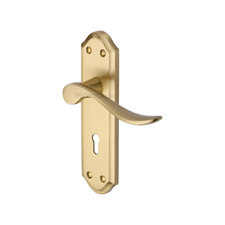 This is an image of a Heritage Brass - Door Handle Lever Lock Sandown Design Satin Brass Finish, san1400-sb that is available to order from Trade Door Handles in Kendal.