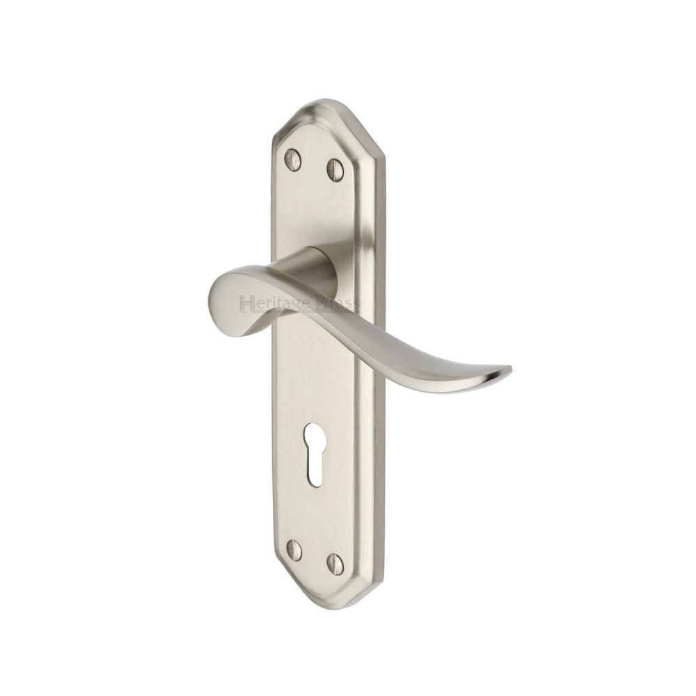 High quality image of Heritage Brass - Door Handle Lever Lock Sandown Design Satin Nickel Finish | Sku. san1400-sn | Trade Door Handles, Kendal.