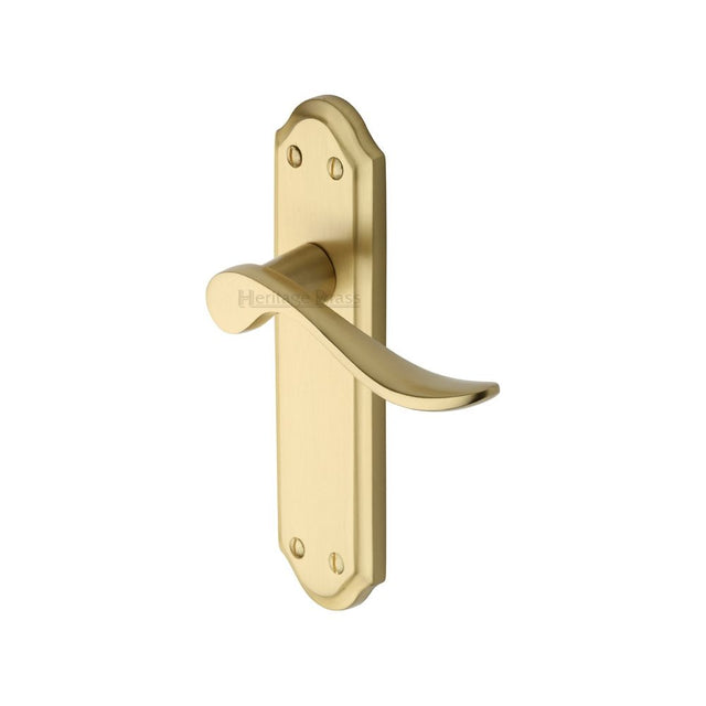 This is an image of a Heritage Brass - Door Handle Lever Latch Sandown Design Satin Brass Finish, san1410-sb that is available to order from Trade Door Handles in Kendal.