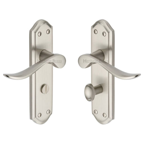 This is an image of a Heritage Brass - Door Handle for Bathroom Sandown Design Satin Nickel Finish, san1430-sn that is available to order from Trade Door Handles in Kendal.