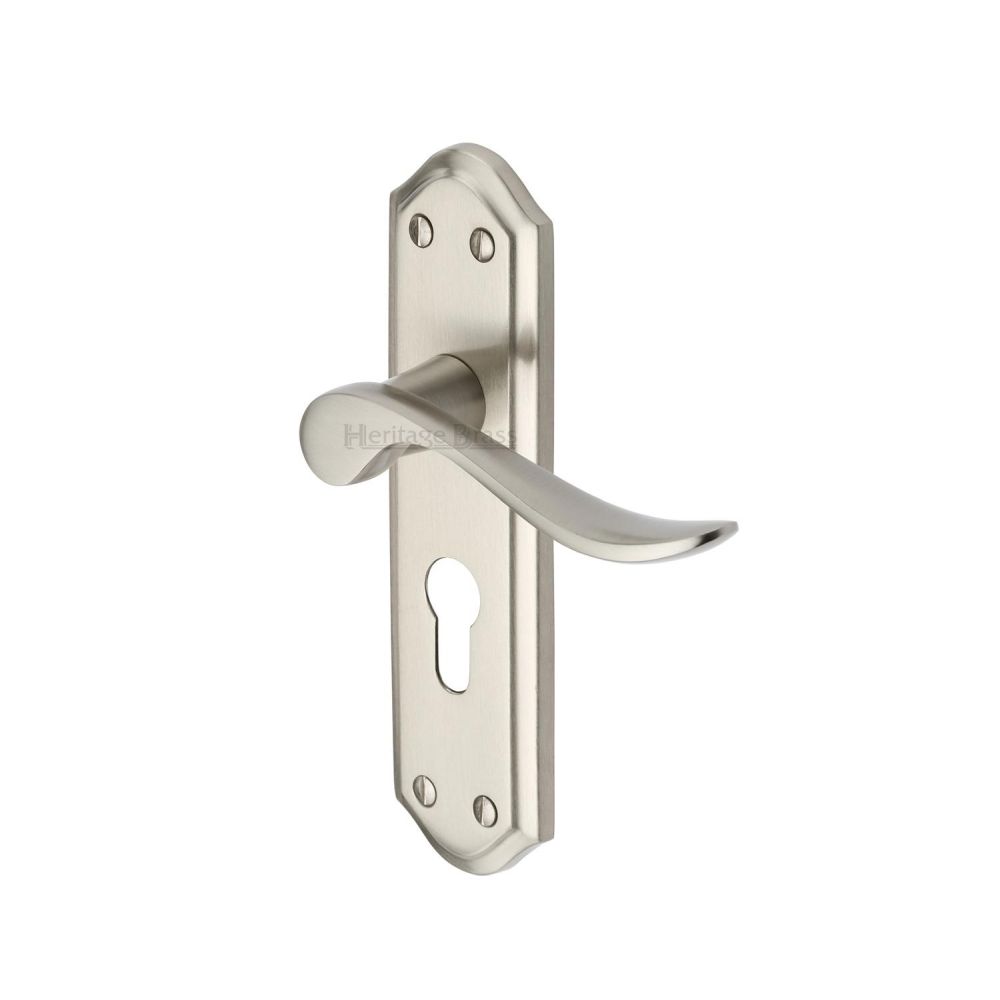 This is an image of a Heritage Brass - Door Handle for Euro Profile Plate Sandown Design Satin Nickel F, san1448-sn that is available to order from Trade Door Handles in Kendal.